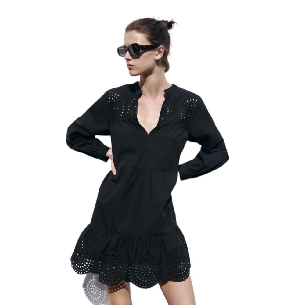 ZARA | Black | OPENWORK EMBROIDERED MINI DRESS - Picture 7 of 11